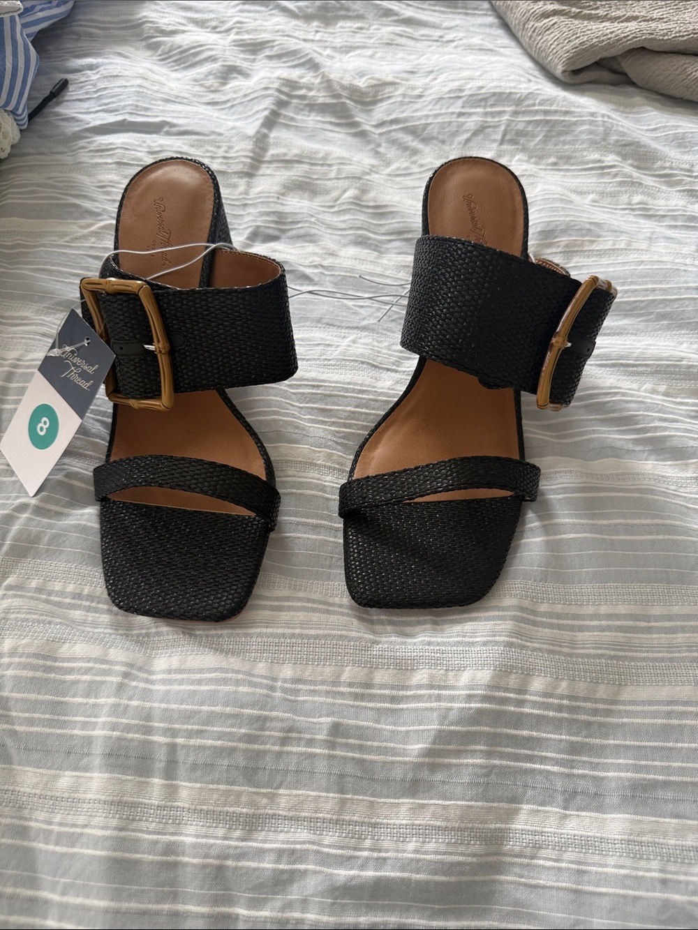 Universal Thread Black Woven Slide Sandals with Gold Buckle